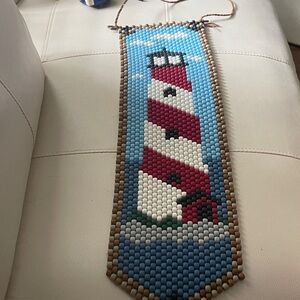 Handcrafted  Beaded large Lighthouse Beaded Wall Hanging - Burgandy, Blue, White
